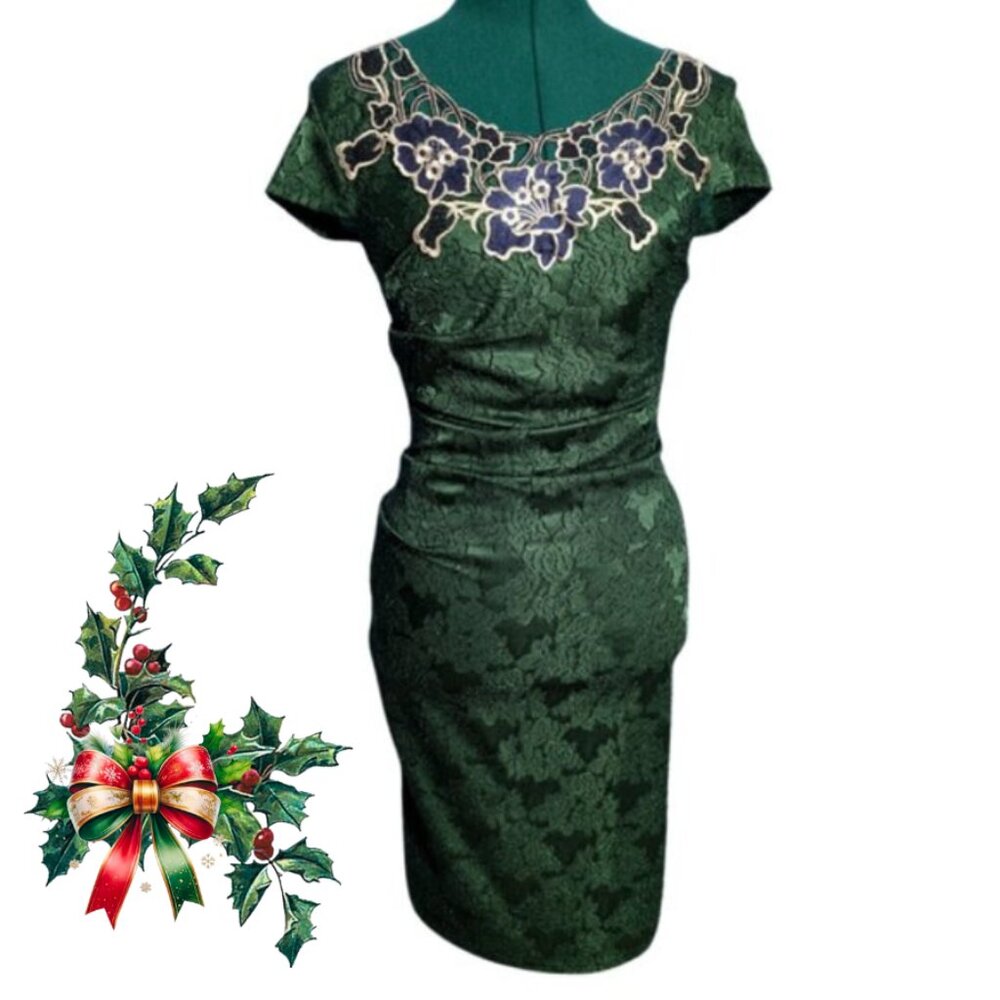 Emerald Green Embossed Dress w/ Blue and Cream Floral Applique NWOT Size Small